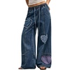 image:imagechouyatou Womens Boho Patch Baggy Jeans Y2k Fringe Wide Leg Denim PantsDark Blue