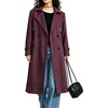 image:imagechouyatou Womens Casual Double Breasted Wool Blend Coat Midi Long OvercoatBurgundy