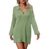 image:imagechouyatou Womens Fall Polo Collared Sweater Dress Winter Pullover Mini Ribbed Knit Dress with PocketGreen