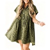 image:imagechouyatou Womens Leopard Print Short Sleeve Babydoll Denim Shirt DressGreen