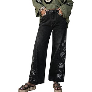 image:imagechouyatou Floral Embroidered Wide Leg Jeans High Waisted Denim Ankle JeansBlack