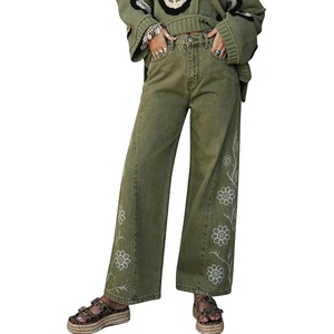 image:imagechouyatou Floral Embroidered Wide Leg Jeans High Waisted Denim Ankle JeansGreen