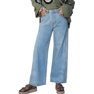 image:imagechouyatou Floral Embroidered Wide Leg Jeans High Waisted Denim Ankle JeansLight Blue