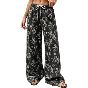 image:imagechouyatou Women Boho Floral Print Denim Pants Casual Loose Wide Leg JeansBlack