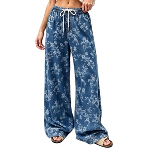image:imagechouyatou Women Boho Floral Print Denim Pants Casual Loose Wide Leg JeansBlue