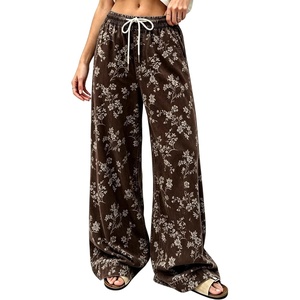 image:imagechouyatou Women Boho Floral Print Denim Pants Casual Loose Wide Leg JeansCoffee