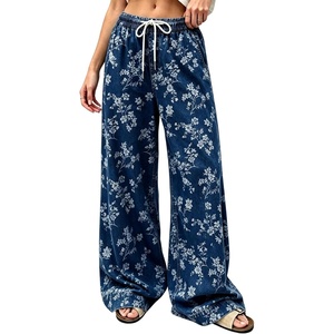 image:imagechouyatou Women Boho Floral Print Denim Pants Casual Loose Wide Leg JeansDark Blue