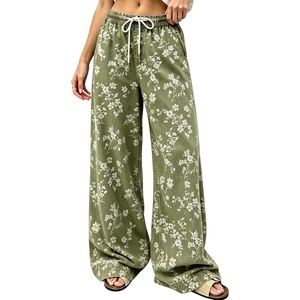 image:imagechouyatou Women Boho Floral Print Denim Pants Casual Loose Wide Leg JeansGreen