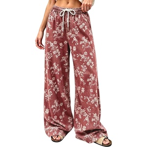 image:imagechouyatou Women Boho Floral Print Denim Pants Casual Loose Wide Leg JeansRed
