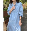 image:imagechouyatou Womens Baggy Button Down Denim Shirt Dress Casual Loose 34 Sleeve Maxi Long Jean Sun DressLight Blue