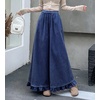 image:imagechouyatou Womens Ruffle Hem Corduroy Pants Elastic Waist Wide Leg PantsNavy Blue