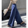 image:imagechouyatou Womens Ruffle Hem Corduroy Pants Elastic Waist Wide Leg PantsNavy Blue