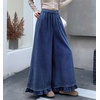 image:imagechouyatou Womens Ruffle Hem Corduroy Pants Elastic Waist Wide Leg PantsNavy Blue