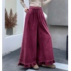 image:imagechouyatou Womens Ruffle Hem Corduroy Pants Elastic Waist Wide Leg PantsWine Red