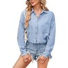 image:imagechouyatou Womens 2024 Button Down Denim Shirt Fashion Drawstring Waist Collared Crop Business Casual TopLight Blue
