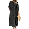 image:imagechouyatou Womens Baggy Button Down Denim Shirt Dress Casual Loose 34 Sleeve Maxi Long Jean Sun DressBlack