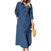 image:imagechouyatou Womens Baggy Button Down Denim Shirt Dress Casual Loose 34 Sleeve Maxi Long Jean Sun DressBlue