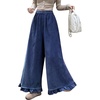 image:imagechouyatou Womens Ruffle Hem Corduroy Pants Elastic Waist Wide Leg PantsNavy Blue