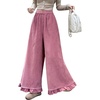 image:imagechouyatou Womens Ruffle Hem Corduroy Pants Elastic Waist Wide Leg PantsPink