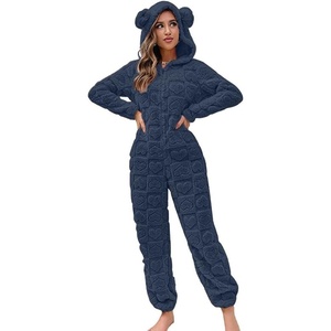 image:imagechouyatou Bear Hooded Onesie Pajamas Fuzzy Fleece Heart Loungewear JumpsuitNavy Blue