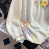 image:imagechouyatou Womens Cute 3D Smile Face Flower Polo Sweater Long Sleeve Collared Cable Knit Pullover Jumper TopsWhite