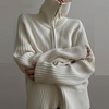 image:imagechouyatou Womens Fall Zip Up Sweater Cardigan Winter Collared Long Sleeve Knit Cardigan JacketBeige