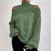 image:imagechouyatou Womens Pearl Mock Neck Cold Shoulder Sweater Cable Knit Bishop Sleeve Pullover Jumper TopsGreen