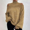 image:imagechouyatou Womens Pearl Mock Neck Cold Shoulder Sweater Cable Knit Bishop Sleeve Pullover Jumper TopsYellow