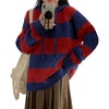 image:imagechouyatou Womens Casual Striped Hooded Sweaters Color Block Sweater Hoodies Pullover Knit Jumper TopsNavy
