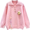 image:imagechouyatou Womens Cute 3D Smile Face Flower Polo Sweater Long Sleeve Collared Cable Knit Pullover Jumper TopsPink
