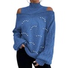 image:imagechouyatou Womens Pearl Mock Neck Cold Shoulder Sweater Cable Knit Bishop Sleeve Pullover Jumper TopsBlue