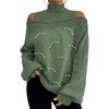 image:imagechouyatou Womens Pearl Mock Neck Cold Shoulder Sweater Cable Knit Bishop Sleeve Pullover Jumper TopsGreen