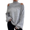 image:imagechouyatou Womens Pearl Mock Neck Cold Shoulder Sweater Cable Knit Bishop Sleeve Pullover Jumper TopsGrey