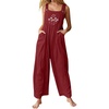 image:imagechouyatou Womens Sleeveless Dandelion Print Wide Leg Linen Jumpsuit Pants RomperRed