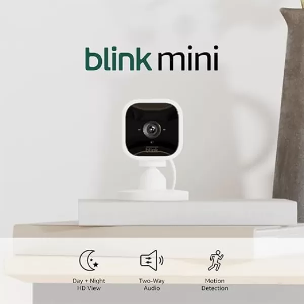 Free Blink Mini with 1Year Subscription 2 cameras White  Compact indoor plugin smart security camera 1080p HD video night vision motion detection twoway audio Works with Alexa