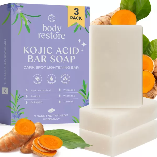 Body Restore Kojic Acid Soap Eucalyptus 3 Pack with Vitamin CE Shea Butter Collagen Hyaluronic Acid Turmeric Retinol For Dark Spots All Natural Soap Bar Paraben FreeRosemary