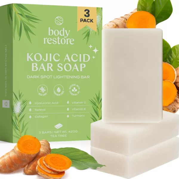 Body Restore Kojic Acid Soap Eucalyptus 3 Pack with Vitamin CE Shea Butter Collagen Hyaluronic Acid Turmeric Retinol For Dark Spots All Natural Soap Bar Paraben FreeTea Tree