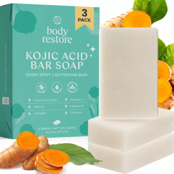 Body Restore Kojic Acid Soap Eucalyptus 3 Pack with Vitamin CE Shea Butter Collagen Hyaluronic Acid Turmeric Retinol For Dark Spots All Natural Soap Bar Paraben FreeEucalyptus