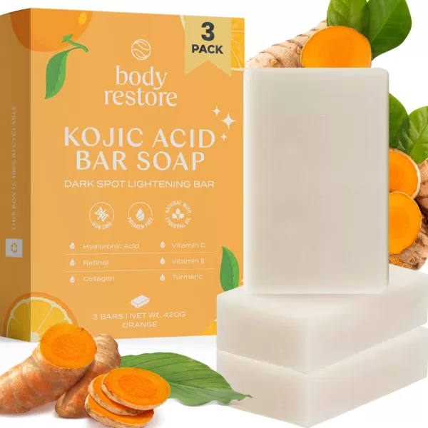 Body Restore Kojic Acid Soap Green Tea 2 Pack with Vitamin CE Shea Butter Collagen Hyaluronic Acid Turmeric Retinol For Dark Spots All Natural Soap Bar Paraben Free5 Ounce Pack of 3