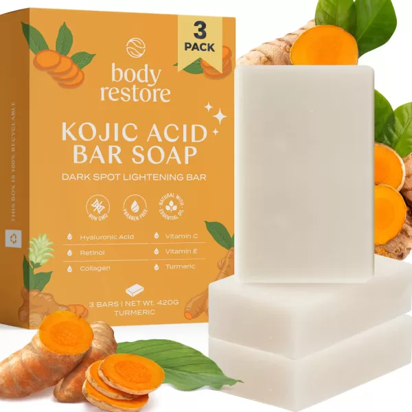 Body Restore Kojic Acid Soap Green Tea 2 Pack with Vitamin CE Shea Butter Collagen Hyaluronic Acid Turmeric Retinol For Dark Spots All Natural Soap Bar Paraben Free5 Ounce Pack of 3