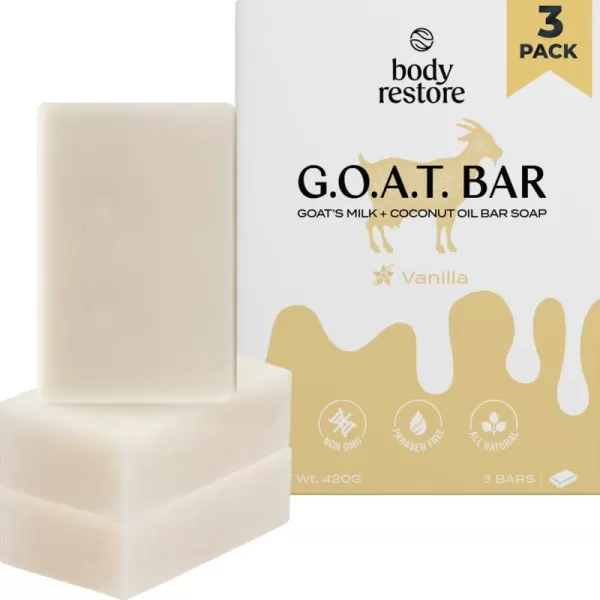 Body Restore Goat Milk Soap with Coconut Oil ampamp Shea Butter Vanilla 3 Pack For Dry Sensitive Itchy Skin All Natural Rich In Vitamins Soap Bar for Women Men Kids ampamp Baby