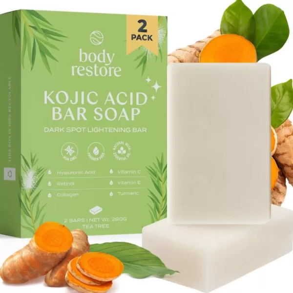Body Restore Kojic Acid Soap Eucalyptus 3 Pack with Vitamin CE Shea Butter Collagen Hyaluronic Acid Turmeric Retinol For Dark Spots All Natural Soap Bar Paraben FreeTea Tree