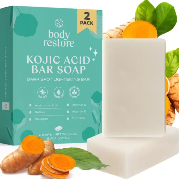 Body Restore Kojic Acid Soap Eucalyptus 3 Pack with Vitamin CE Shea Butter Collagen Hyaluronic Acid Turmeric Retinol For Dark Spots All Natural Soap Bar Paraben FreeEucalyptus