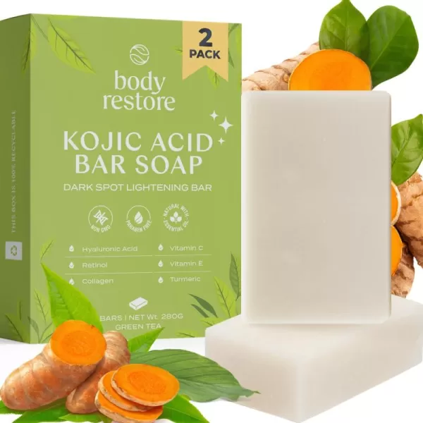 Body Restore Kojic Acid Soap Green Tea 2 Pack with Vitamin CE Shea Butter Collagen Hyaluronic Acid Turmeric Retinol For Dark Spots All Natural Soap Bar Paraben Free5 Ounce Pack of 2
