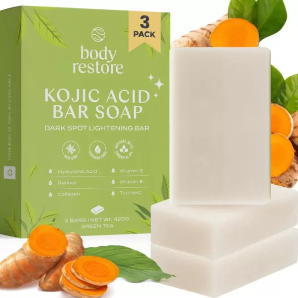 Body Restore Kojic Acid Soap Green Tea 2 Pack with Vitamin CE Shea Butter Collagen Hyaluronic Acid Turmeric Retinol For Dark Spots All Natural Soap Bar Paraben Free5 Ounce Pack of 3