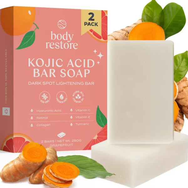 Body Restore Kojic Acid Soap Grapefruit 2 Pack with Vitamin CE Shea Butter Collagen Hyaluronic Acid Turmeric Retinol For Dark Spots All Natural Soap Bar Paraben FreeGrapefruit