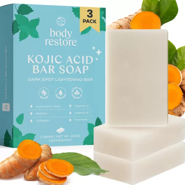 Body Restore Kojic Acid Soap Peppermint 2 Pack with Vitamin CE Shea Butter Collagen Hyaluronic Acid Turmeric Retinol For Dark Spots All Natural Soap Bar Paraben FreePeppermint