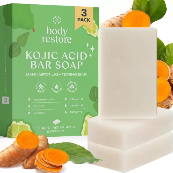 Body Restore Kojic Acid Soap Peppermint 2 Pack with Vitamin CE Shea Butter Collagen Hyaluronic Acid Turmeric Retinol For Dark Spots All Natural Soap Bar Paraben FreeBergamot