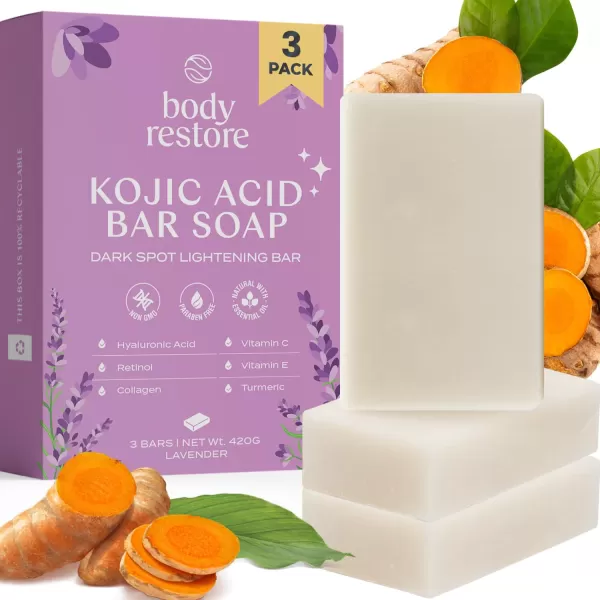 Body Restore Kojic Acid Soap Peppermint 2 Pack with Vitamin CE Shea Butter Collagen Hyaluronic Acid Turmeric Retinol For Dark Spots All Natural Soap Bar Paraben FreeLavender