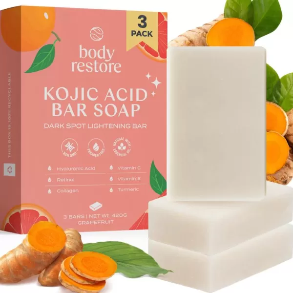Body Restore Kojic Acid Soap Grapefruit 2 Pack with Vitamin CE Shea Butter Collagen Hyaluronic Acid Turmeric Retinol For Dark Spots All Natural Soap Bar Paraben FreeGrapefruit